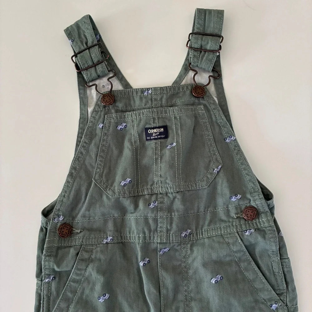 OshKosh B'gosh Toddler 2T Sage Green Car Bib Overalls Vestbak Play